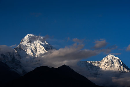 Annapurna south peak (7219 M) visible against clear blue sky from Tadapani, nepal during Khopra Ridge trekの写真素材