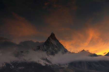 Shivling peak standing in its glory during the golden hour in Uttarakhand Himalayas, Indiaの写真素材