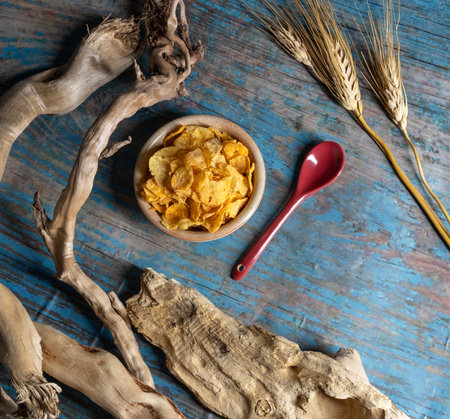 cornflakes with red spoon and ears of wheat on a blue backgroundの写真素材