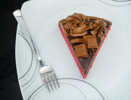 Chocolate cake slice and a fork in a white ceramic plate. Icing flowers and chocolate pieces as toppings. Delicious Icing Birthday cake design overhead close up view.の写真素材