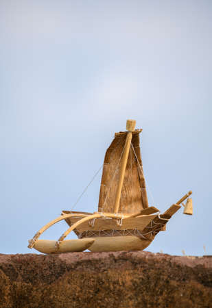 Handmade small traditional wooden boat showcase at Galle fort. miniature woodwork souvenirs.の写真素材