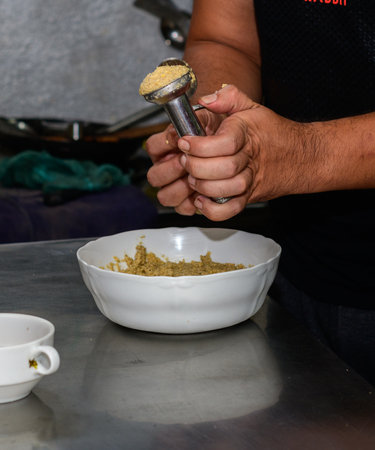 Making falafel balls in the kitchen.の写真素材