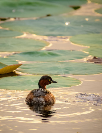 Little grebe bird swims in the lake, sunset golden light shines the waters, lonely grebe in its natural habitat.の写真素材