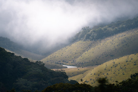 Scenic landscape, mist over the mountains and valleys at Horton Plains National Park.の写真素材