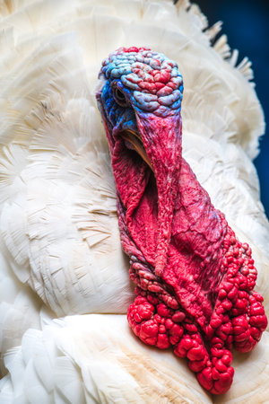 Broad Breasted White Turkey bird close up, vibrant red and blue wrinkled skin around its head and neck, and white feathersの写真素材
