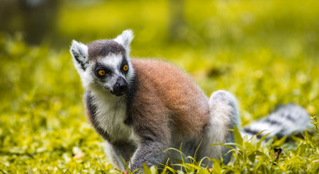 Ring-tailed Lemur foraging on the ground close-up portrait. striking yellow eyes, dark facial...
