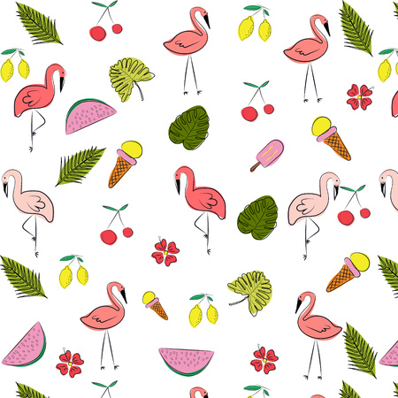 Vector summer pattern  background with famingo bird elements in memphis style のイラスト素材