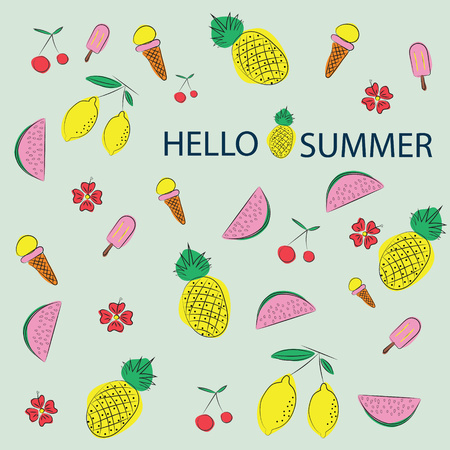 Vector summer pattern  background with fruits and  floral elements in memphis style のイラスト素材