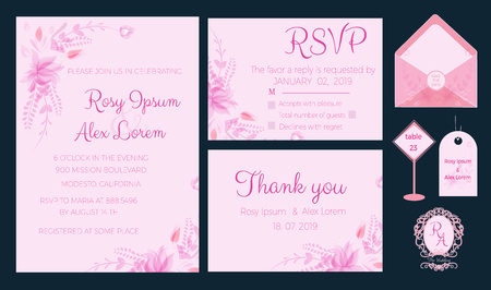 Vector set of invitation cards with flowers elements Wedding collectionのイラスト素材
