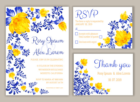 Vector set of invitation cards with flowers elements: Wedding collection, RSVP, thank you.のイラスト素材