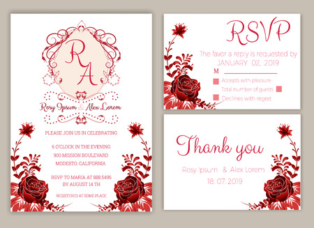 Vector set of invitation cards with flowers elements for Wedding collection, RSVP, thank you.のイラスト素材