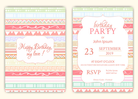 Happy birthday on lined pattern background in colorful theme.のイラスト素材