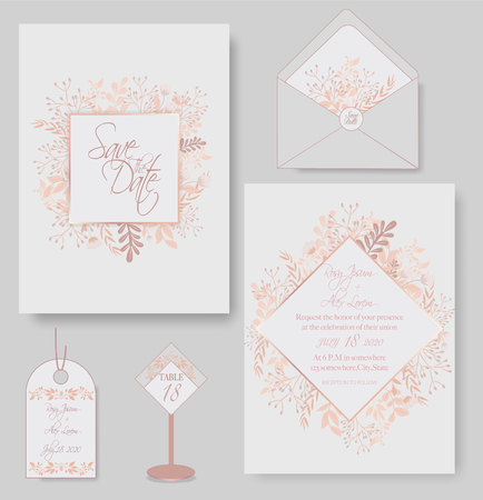 Elegant wedding cards consist of various kinds of flowers.のイラスト素材