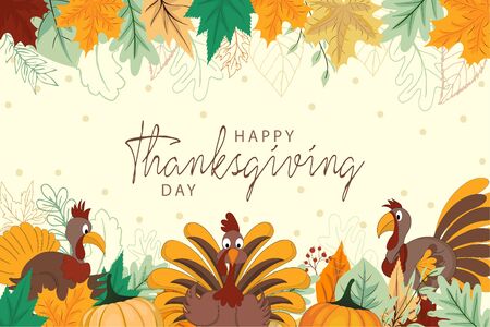 Happy Thanksgiving background with vegetables and colorful leaves. のイラスト素材