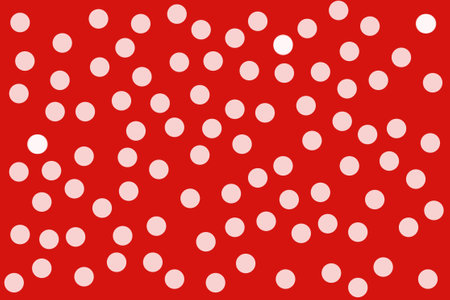 Circle pattern. Seamless ornament circular figures. misplaced points. White polka dots on red backgroundの写真素材
