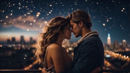Beautiful young couple in love embracing and kissing on the roof of a skyscraperの素材