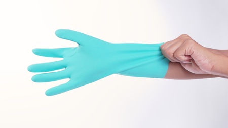 Clean gloves be worn in a different hand signals.の写真素材