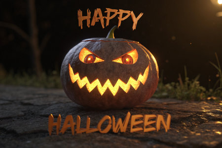 Halloween pumpkin with scary face on wooden background, halloween conceptの素材