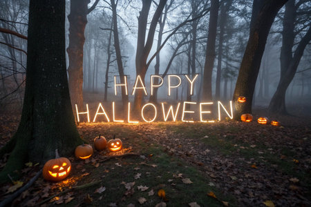 Halloween concept. Word HAPPY HALLOWEEN with glowing pumpkins in foggy forestの素材