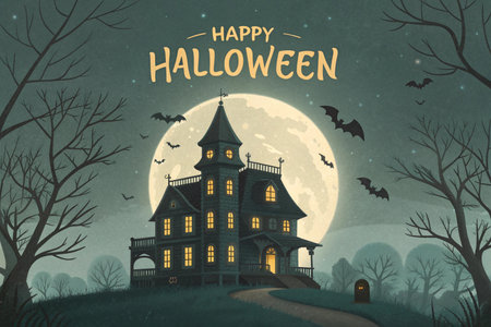 Halloween card with haunted house and full moon. Vector illustration.の素材