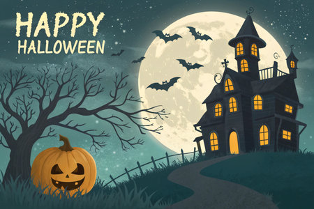 Halloween background with haunted house and pumpkin. Vector illustration for your designの素材