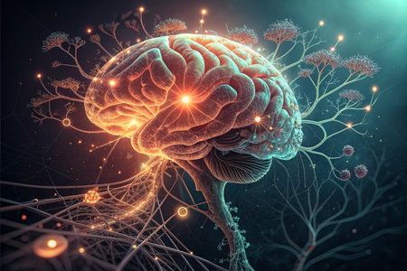 3d illustration of human brain with neurons and nervous system over dark backgroundの素材