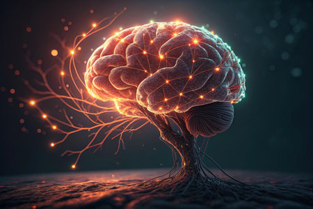 Human brain with glowing neurons and nervous system. 3D Renderingの素材