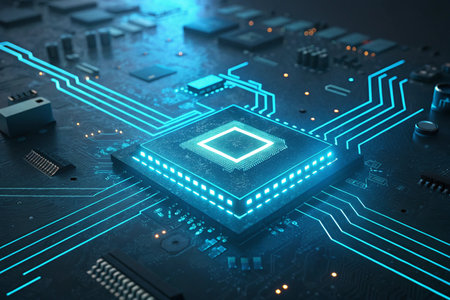 Circuit board with microchips and connections. 3d renderingの素材