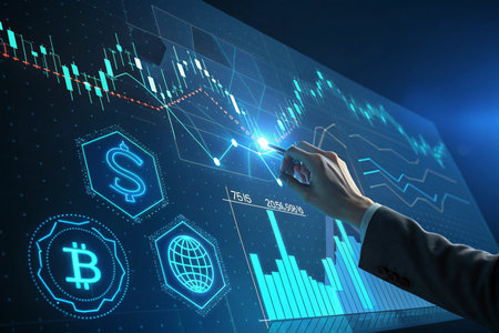 Close up of businesswoman hand drawing glowing forex chart on virtual screenの素材