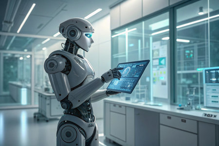 Robot humanoid working with tablet computer in modern office. 3D rendering.の素材