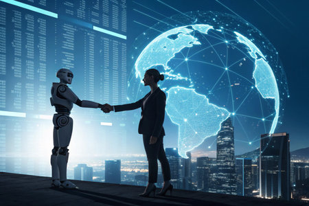 Robot handshaking with businessman on abstract city background. 3D renderingの素材