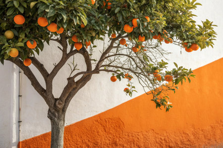 Orange tree with fruits on orange wall background, Valencia, Spain.の素材