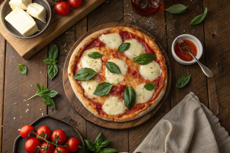 Pizza Margherita with mozzarella cheese and basil on wooden backgroundの素材