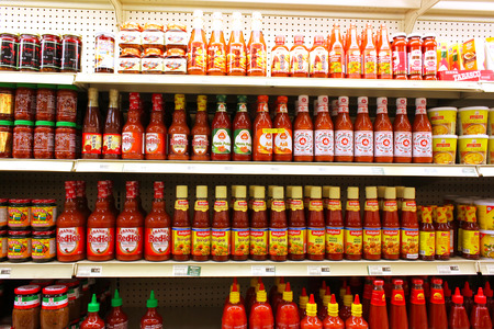 Variety sauces with different flavors on the shelves of an Asian supermarketのeditorial素材