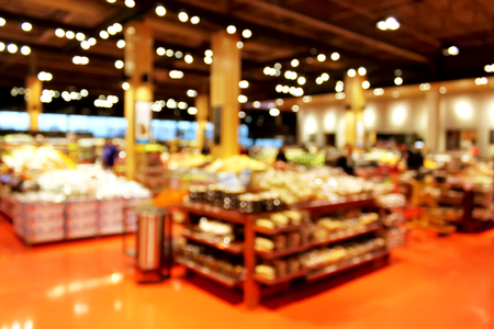 Grocery store blur bokeh background - shoppers at grocery store with defocused lights