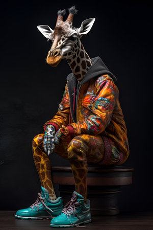 Giraffe wearing hiphop clothes fsneakers, giraffe sitting, dark background, isolated, hip hop style, hipster,  full body. ai generatedの素材