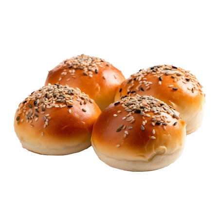 Bread buns isolated on transparent white background, fresh baked wheat bread buns with sesame seeds over white background, baking, fresh pastry and bakery concept. ai generatedの素材