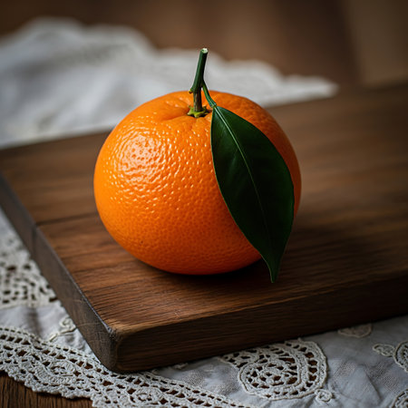 A vibrant orange citrus fruit with a single dark green leaf rests on a textured wooden cutting board with lace detail.の素材