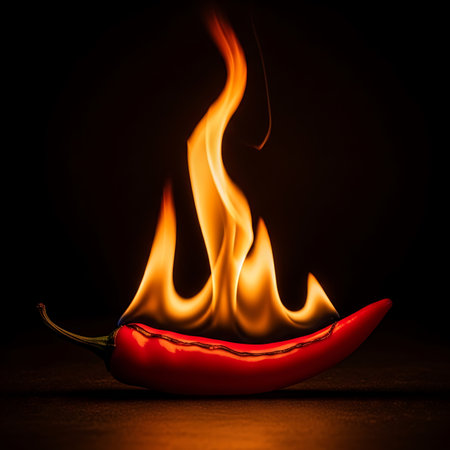 A vibrant red chili pepper is engulfed in bright, dancing flames, creating a dramatic and intense visual against a deep black backdrop.の素材