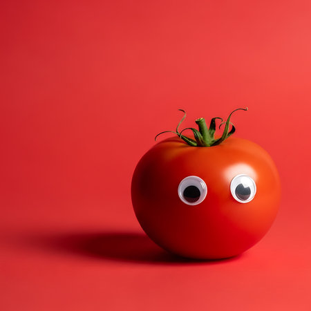 A single, ripe red tomato with large googly eyes affixed to it, set against a plain red backdrop.の素材