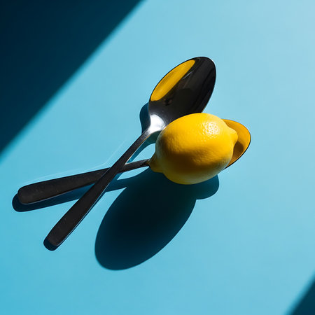 A vibrant yellow lemon rests on two silver spoons, casting a dramatic shadow on a bright blue surface.の素材