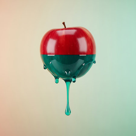 A vibrant red apple appears to be melting, with a dark green substance dripping from its lower half onto a soft, gradient backdrop.の素材
