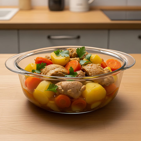 A delicious and comforting chicken stew with potatoes, carrots, and herbs, served in a transparent glass bowl on a wooden surface.の素材