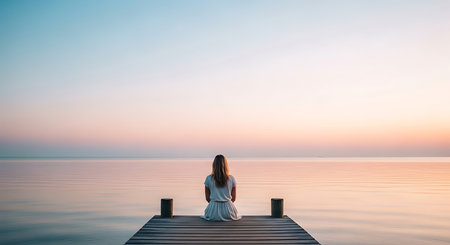 A solitary woman sits on a wooden dock, gazing at the serene ocean during a beautiful sunset.の素材