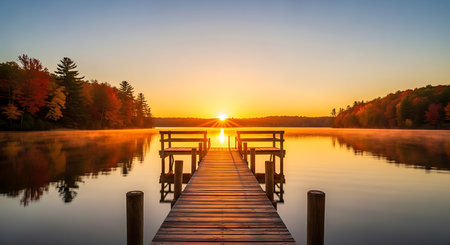 A wooden dock extends into a tranquil lake reflecting the warm hues of an autumn sunrise.の素材