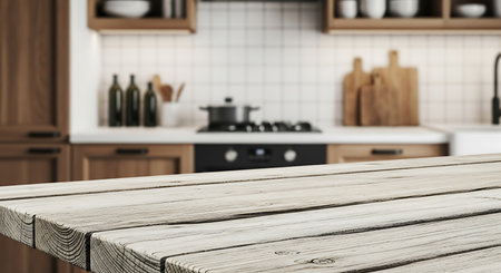A weathered wooden table in the foreground contrasts with a bright, modern kitchen setting in the background.の素材