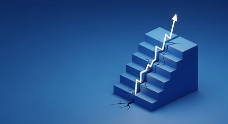 A conceptual illustration of climbing steps representing success, progress, and financial growth on a blue background.の素材