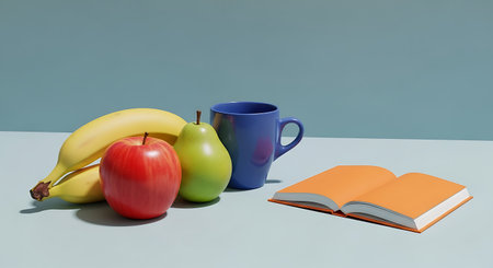 A vibrant still life featuring a bunch of bananas, a red apple, a green pear, a blue mug, and an open orange book isolated on transparent background.の素材