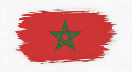 The flag of Morocco displayed on a vibrant red background with a distressed, painterly brushstroke effect.の素材