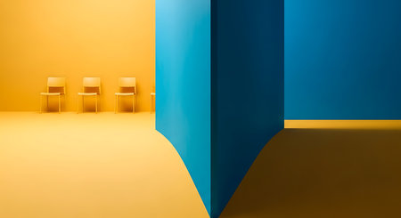 A striking geometric interior featuring vibrant blue and yellow walls, with three minimalist chairs in the background.の素材